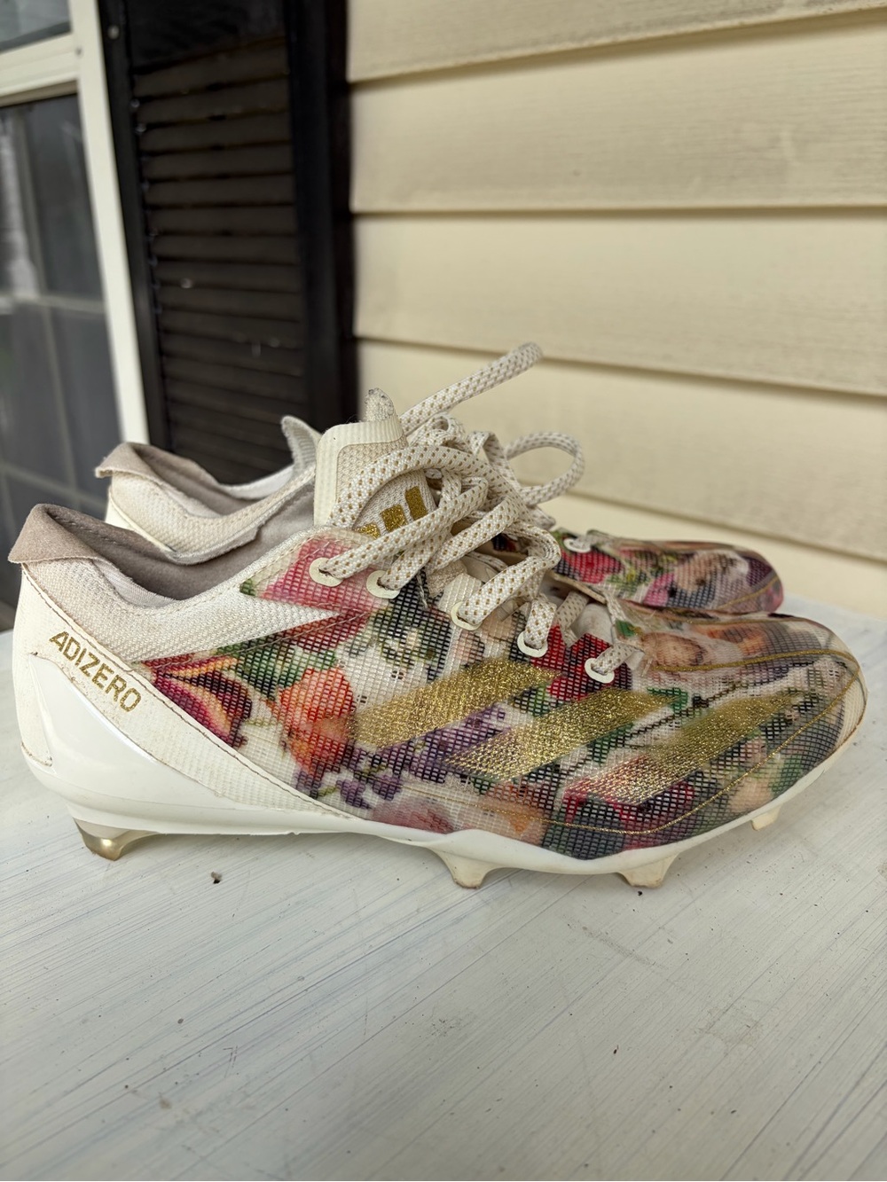 adidas Adizero Floral Baseball Cleats - White with Gold and Multicolor Floral